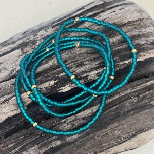 Bracelet élastique OREA en perles de verre japonaise MIYUKI bleu vert canard givré et doré fait main et sur mesure