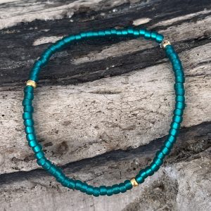 Bracelet élastique OREA en perles de verre japonaise MIYUKI bleu vert canard givré et doré fait main et sur mesure