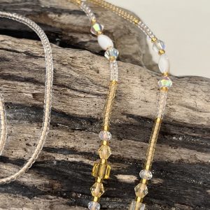 Cordons à lunettes Elyzia chaines de lunettes bijou de lunettes fait main en perles de verres tres fines et petites 2mm japonaises Miyuki, pierre naturelle, perles de culture d'eau douce blanche, perles de coquillages, perles dorées doré et transparent cristal, acier inoxydable, coloris embouts à choisir