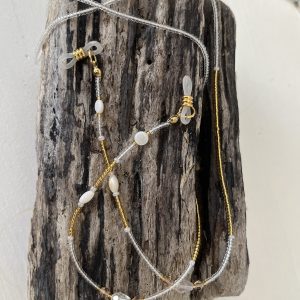 Cordons à lunettes Elyzia chaines de lunettes bijou de lunettes doré et transparent cristal, fait main en perles de verres tres fines et petites 2mm japonaises Miyuki, pierre naturelle, perles de culture d'eau douce blanche, perles de coquillages, perles dorées, acier inoxydable, coloris embouts à choisir