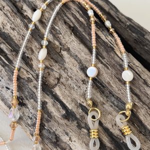 Cordons à lunettes Elyzia chaines de lunettes bijou de lunettes fait main en perles de verres tres fines et petites 2mm japonaises Miyuki, pierre naturelle, perles de culture d'eau douce blanche, perles de coquillages, perles dorées saumon peche et transparent cristal, acier inoxydable, coloris embouts à choisir