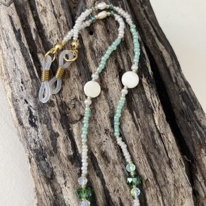 Cordons à lunettes Elyzia chaines de lunettes bijou de lunettes fait main en perles de verres tres fines et petites 2mm japonaises Miyuki, pierre naturelle, perles de culture d'eau douce blanche, perles de coquillages, perles dorées vert clair d'eau et blanc nacré, acier inoxydable, coloris embouts à choisir