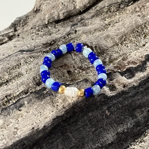 Armor Bague élastique, perles de verre bleu turquoise et bleu roy cobalt avec des perles dorées japonaises Miyuki et une perle de culture d'eau douce, fait main et sur mesure