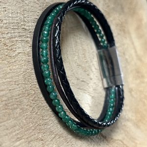 Bracelet Homme en cuir 4 rangs noir et brun et petites perles naturelles de jade vert, fermoir aimanté en acier inoxydable de qualité, personnalisable, fait main et à la taille demandée