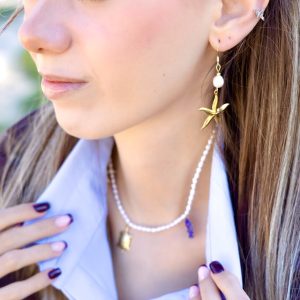 Boucles en perle d'eau douce, iséa, charm étoile de mer, acier inoxydable doré