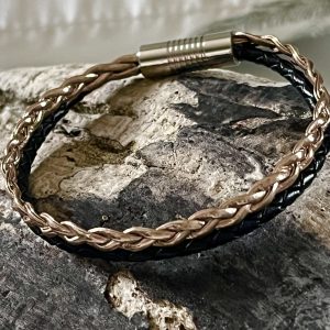 Bracelet Femme en cuir tressé, double rang, noir et rose doré, fermoir aimanté en acier inoxydable de qualité fait main, le bracelet en cuir féminin par excellence
