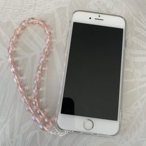 Luminya Dragonne poignée cordon bijou de téléphone en perles de verre colorées rose clair transparent aux reflets scintillants et lumineux pour coque de tel fait main solide option rondelles plaqué or