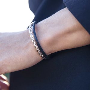 Bracelet Femme en cuir tressé, double rang, noir et rose doré, fermoir aimanté en acier inoxydable de qualité fait main, le bracelet en cuir féminin par excellence