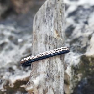 Bracelet Femme en cuir tressé, double rang, noir et rose doré, fermoir aimanté en acier inoxydable de qualité fait main, le bracelet en cuir féminin par excellence