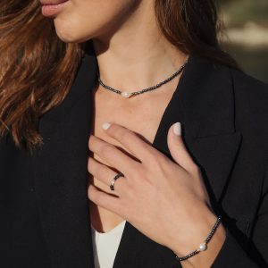 ARMOR Collier et bague en perles de verre gris metallisé irisé et perles de culture d'eau douce, perles de verre japonaises miyuki dorées haute résistance fait main