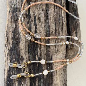 Cordons à lunettes Elyzia chaines de lunettes bijou de lunettes fait main en perles de verres tres fines et petites 2mm japonaises Miyuki, pierre naturelle, perles de culture d'eau douce blanche, perles de coquillages, perles dorées saumon peche et transparent cristal, acier inoxydable, coloris embouts à choisir