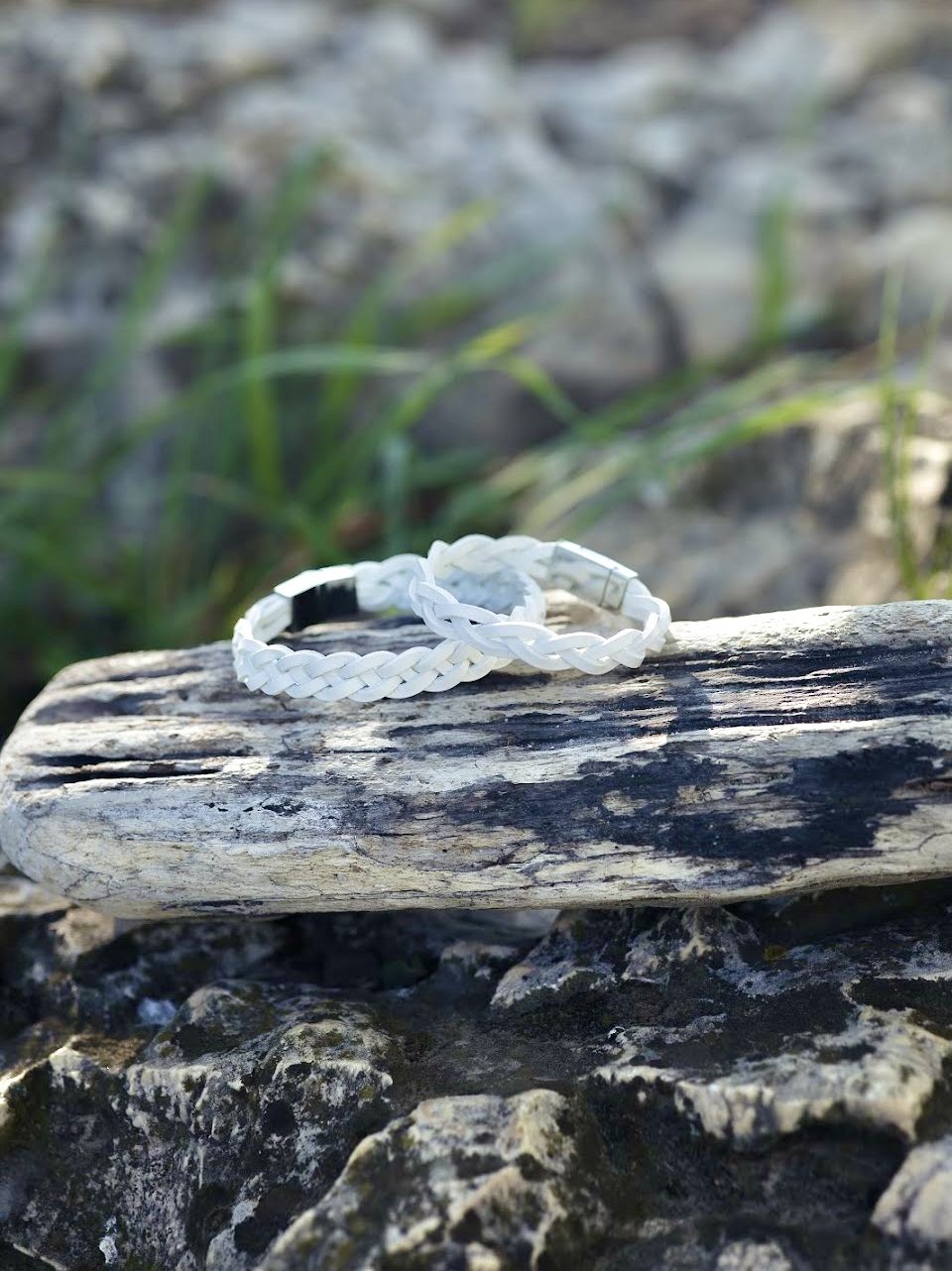Bracelet mixte en cuir blanc tressé fait main avec fermoir en acier inoxydable